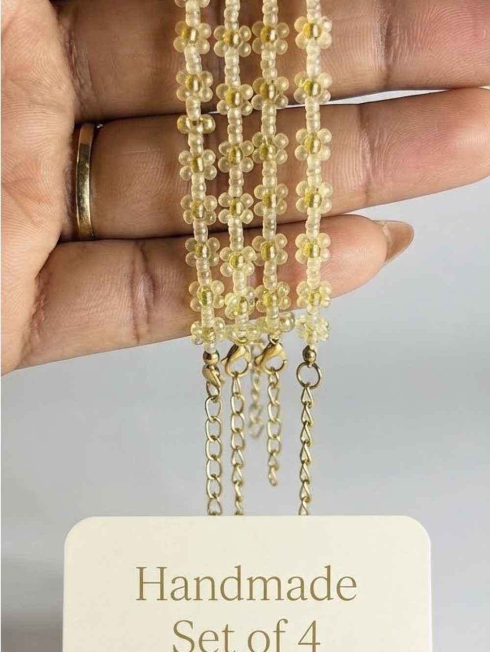 Handmade Yellow Beaded Flower Necklace - Set of 4